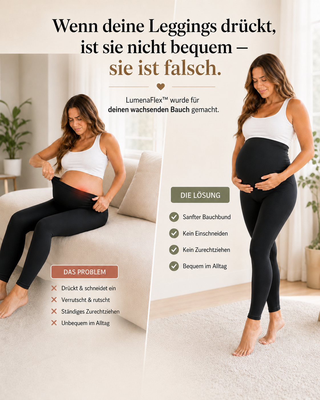 LumenaFlex™ – Endlich eine Schwangerschafts-Leggings, die nicht drückt, nicht rutscht und deinen Bauch sanft entlastet.